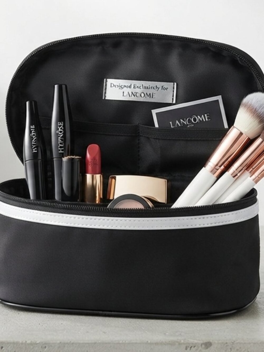 Lancôme Black Nylon Oval Cosmetic Bag Travel Makeup Case Silver Stripe